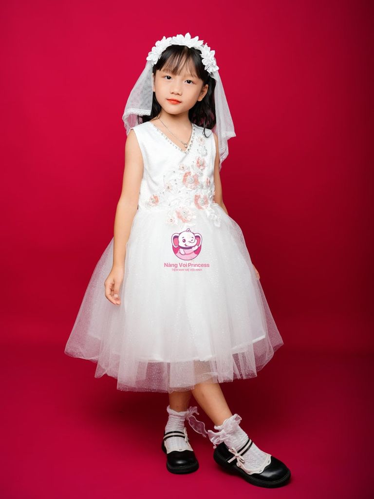 Váy công chúa thiết kế cổ tim, đính hoa, cho bé từ 7kg tới 35kg