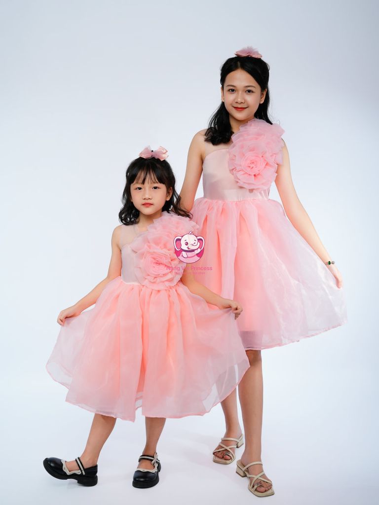 Váy công chúa hoa hồng lệch vai, cho bé từ 7kg tới 45kg