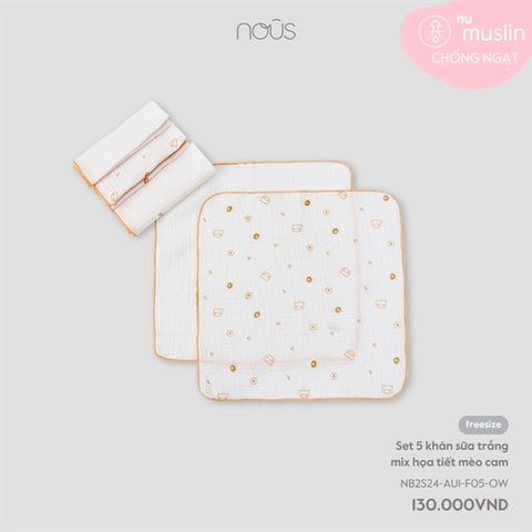 Set 5 khăn sữa trắng mix họa tiết mèo cam Nous