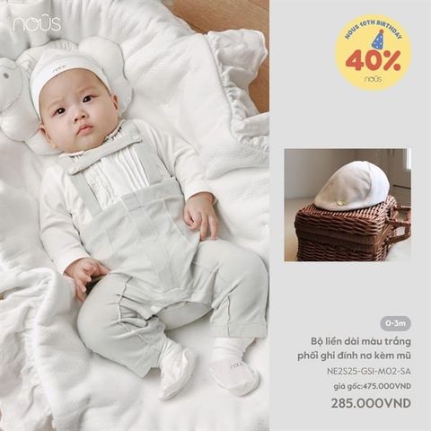 Bộ liền dài màu trắng phối ghi đính nơ kèm mũ Nous NE2S25-GS1-M02-SA-0M