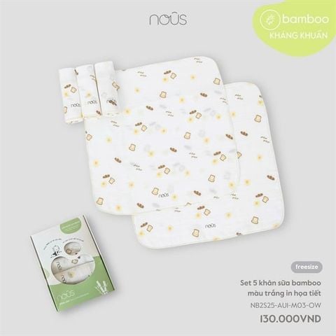 Set 5 khăn sữa bamboo màu trắng in họa tiết Nous NB2S25-AU1-M03-OW-FS