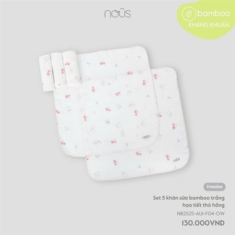 Set 5 khăn sữa bamboo trắng họa tiết thỏ hồng Nous NB2S25-AU1-F04-OW-FS