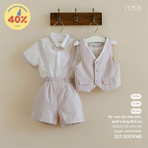 Bộ vest cộc màu nâu phối trắng đính nơ Nous NE3S25-SH1-M04-PW-9M