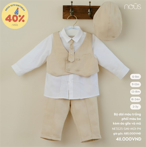 Bộ dài màu trắng phối màu be kèm áo gile và mũ Nous NE3S25-SM1-M01-PN-6M