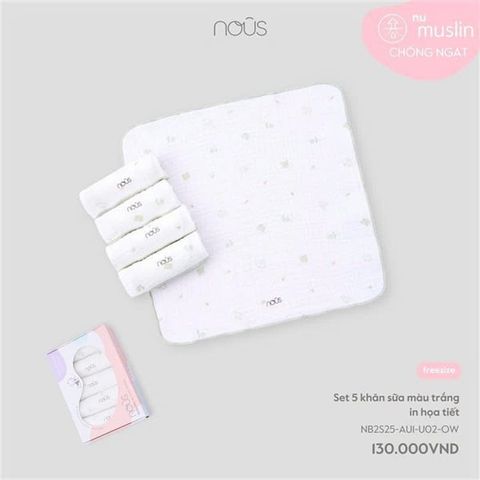 Set 5 khăn sữa màu trắng in họa tiết Nous NB2S25-AU1-U02-OW-FS