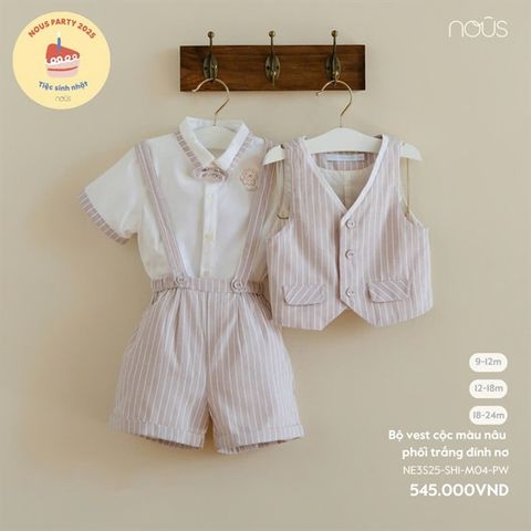 Bộ vest cộc màu nâu phối trắng đính nơ Nous NE3S25-SH1-M04-PW-9M