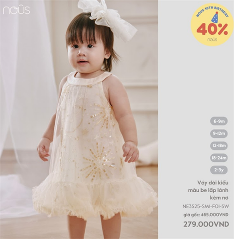 Váy dài kiểu màu be lấp lánh kèm nơ Nous NE3S25-SM1-F01-SW-6M