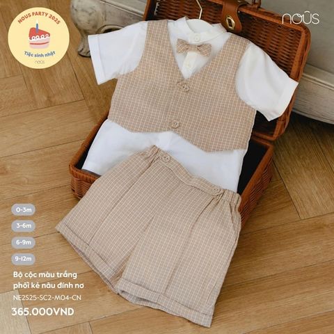 Bộ cộc màu trắng phối kẻ nâu đính nơ Nous NE2S25-SC2-M04-CN-0M