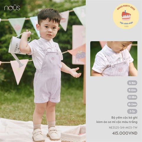 Bộ yếm cộc kẻ ghi kèm áo sơ mi cộc màu trắng Nous NE3S25-SH1-M03-TW-6M