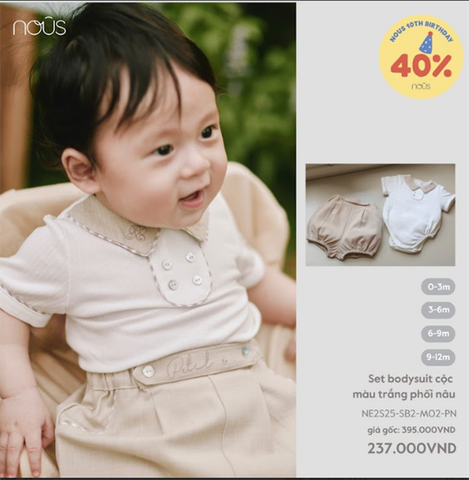Set bodysuit cộc màu trắng phối nâu Nous NE2S25-SB2-M02-PN-0M