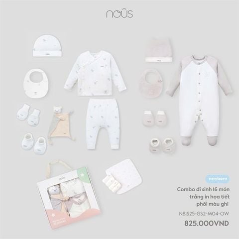 Combo đi sinh 16 món trắng in họa tiết phối màu ghi Nous NB1S25-GS2-M04-OW-NB
