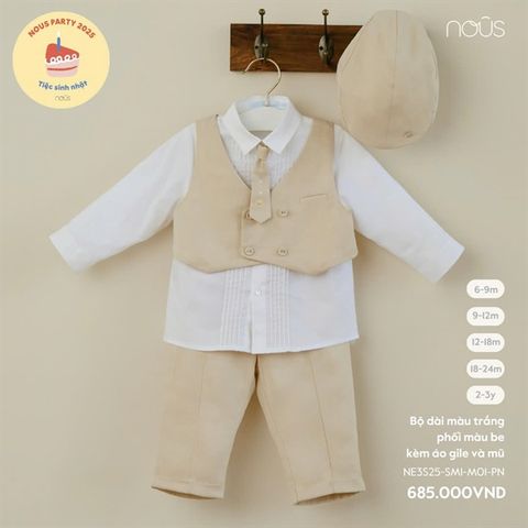 Bộ dài màu trắng phối màu be kèm áo gile và mũ Nous NE3S25-SM1-M01-PN-6M