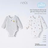 Set 2 bodysuit dài tay kẻ ghi mix trắng in họa tiết Nous B2W23M-TB3-03-MA-12M
