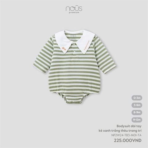 Bodysuit dài tay kẻ xanh trắng thêu trang trí Nous NP2W24-TB3-M01-TA-3M