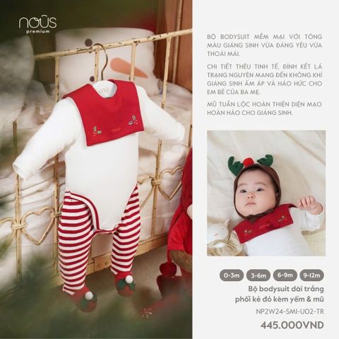 Bộ bodysuit dài trắng phối kẻ đỏ kèm yếm & mũ Nous