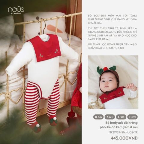 Bộ bodysuit dài trắng phối kẻ đỏ kèm yếm & mũ Nous