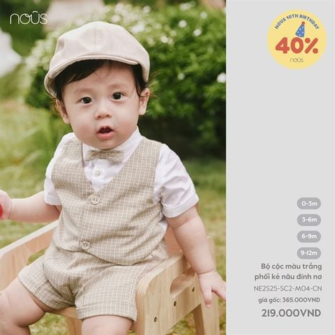 Bộ cộc màu trắng phối kẻ nâu đính nơ Nous NE2S25-SC2-M04-CN-0M
