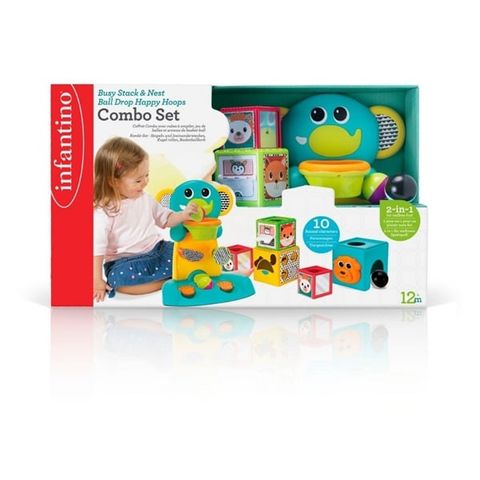 Set đồ chơi voi thả bóng và khối vuông phát triển tư duy - Busy Stack & Nest Ball Drop Happy Hoops Combo Set Infantino