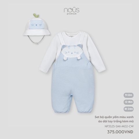 Set bộ quần yếm màu xanh áo dài tay trắng kèm mũ Nous NP3S25-SM1-M02-CW-9M