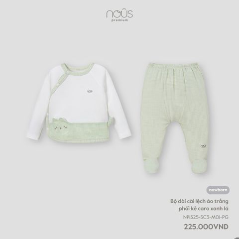 Bộ dài cài lệch áo trắng phối kẻ caro xanh lá Nous NP1S25-SC3-M01-PG-NB
