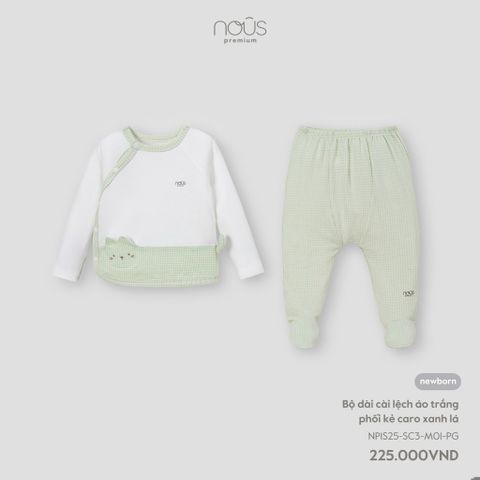 Bộ dài cài lệch áo trắng phối kẻ caro xanh lá Nous NP1S25-SC3-M01-PG-NB