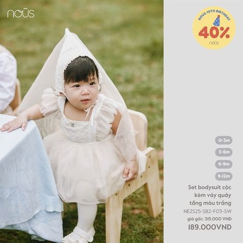 Set bodysuit cộc kèm váy quây tầng màu trắng Nous NE2S25-SB2-F03-SW-0M