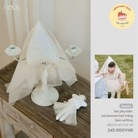 Set phụ kiện mũ bonnet lưới trắng kèm softtoy Nous NE2S25-AC1-F01-SW-FS