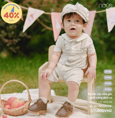 Bộ liền cộc màu ghi phối trắng đính nơ Nous NE2S25-OP1-M05-PA-0M