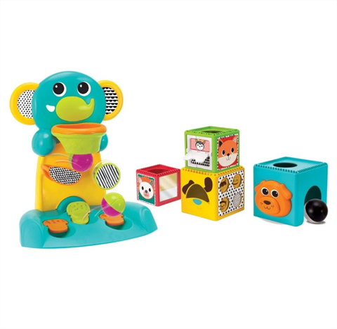 Set đồ chơi voi thả bóng và khối vuông phát triển tư duy - Busy Stack & Nest Ball Drop Happy Hoops Combo Set Infantino