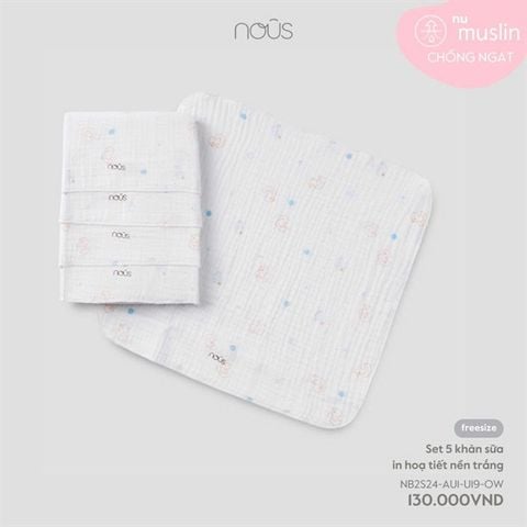 Set 5 khăn sữa in hoạ tiết nền trắng Nous NB2S24-AU1-U19-OW-FS