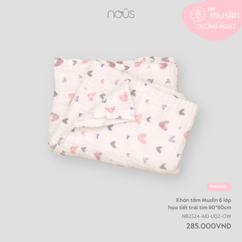 Khăn tắm Muslin 6 lớp họa tiết trái tim Nous