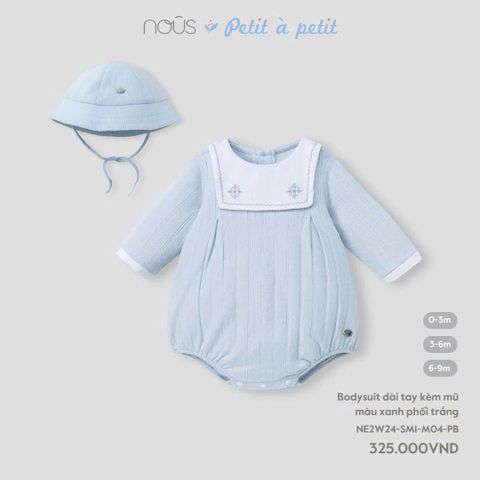Bodysuit dài tay kèm mũ màu xanh phối trắng Nous