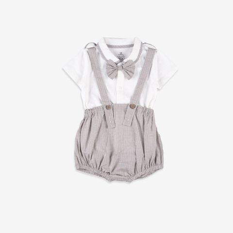 Set quần yếm kèm áo ngắn tay bé trai + nơ cổ Bubaby