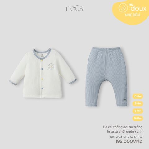 Bộ cài thẳng dài áo trắng in sư tử phối quần xanh Nous