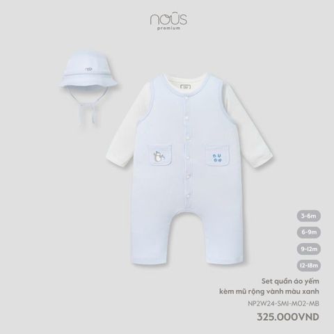 Set quần áo yếm kèm mũ rộng vành màu xanh Nous