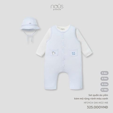 Set quần áo yếm kèm mũ rộng vành màu xanh Nous