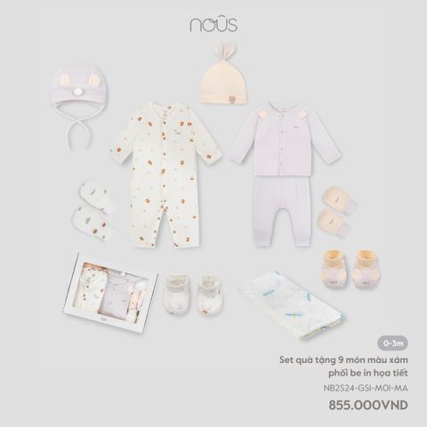 Set quà tặng 9 món màu xám phối be in họa tiết Nous