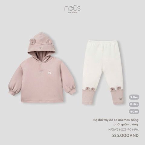 Bộ dài tay áo có mũ màu hồng phối quần trắng Nous