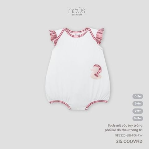Bodysuit cộc tay trắng phối kẻ đỏ thêu trang trí Nous NP2S25-SB1-F01-PW-0M