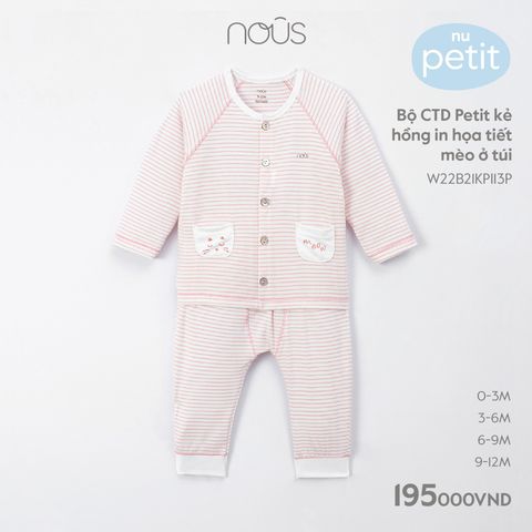 Bộ cài thẳng dài Petit kẻ hồng in họa tiết mèo ở túi Nous