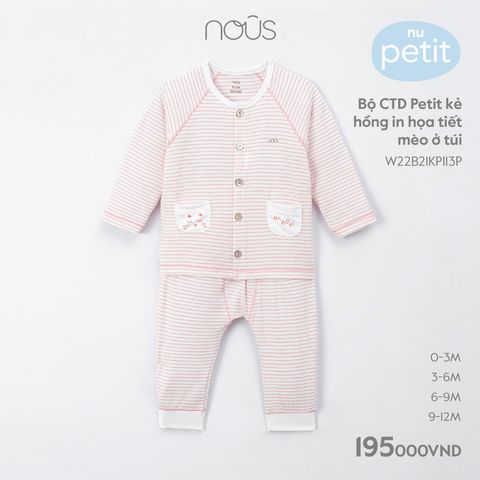 Bộ cài thẳng dài Petit kẻ hồng in họa tiết mèo ở túi Nous