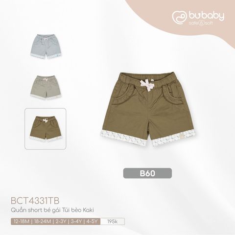 Quần short Bubaby bé gái Túi bèo Kaki