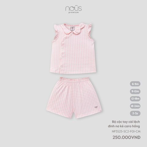 Bộ cộc tay cài lệch đính nơ kẻ caro hồng Nous NP3S25-SC2-F01-CM-6M