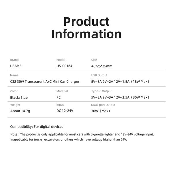 Tẩu Sạc Dành Cho Ô Tô USAMS CC164 C32 PD 30W (Transparent, USB-A + Type-C, with Blue Backlight)