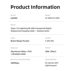 Cáp Sạc Nhanh C To Lightning USAMS SJ588 20W (1.2m, Trong suốt, Digital Display)