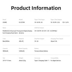 Pin Dự Phòng sạc nhanh nhỏ gọn USAMS CD189 9000mAh 20W (Digital Display, USB+Type-C port, Trong suốt, PD + QC3.0)
