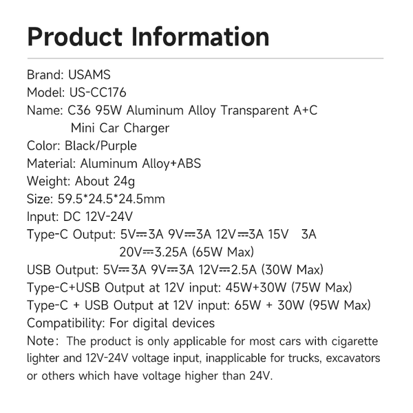 Tẩu Sạc Dành Cho Ô Tô USAMS CC176 C36 95W (USB-A + Type-C, Transparent, with Light)