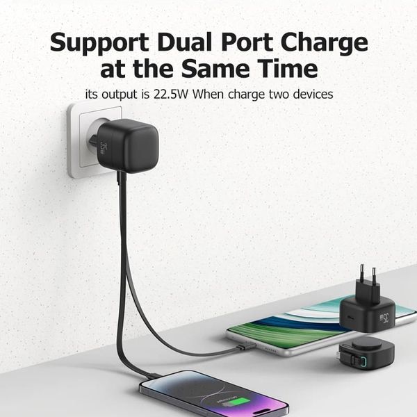 Củ Sạc Nhanh USAMS GaN Charger 35W Type C PD Fast Phone Charger Built in Quick Charge Cable