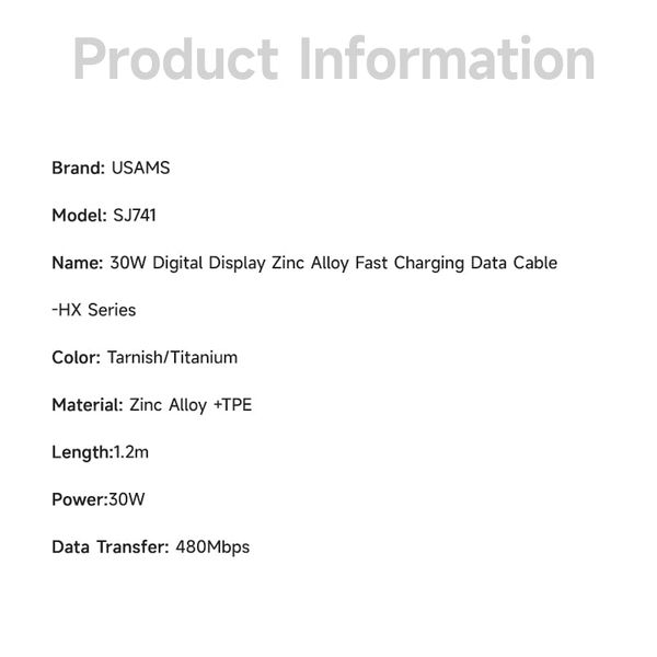 Cáp sạc nhanh USAMS SJ741 Type-C To Lightning 30W Digital Display Zinc Alloy HX Series