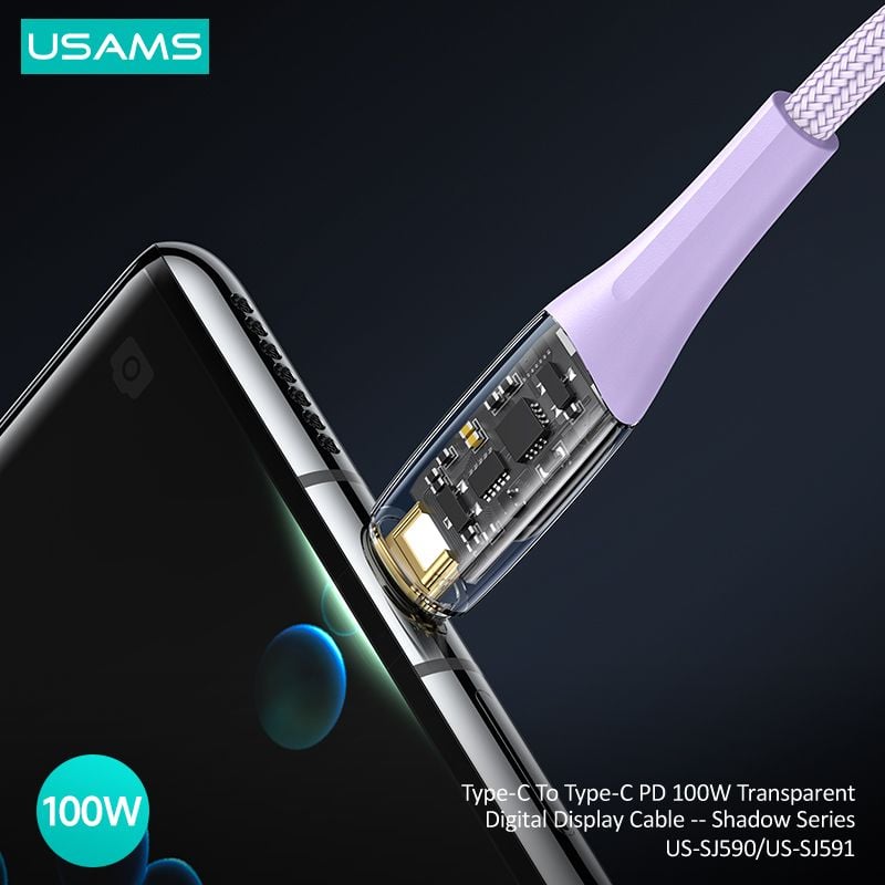 Cáp sạc nhanh USAMS SJ590/SJ591 Type-C To Type-C PD 100W Transparent Digital Display Shadow Series
